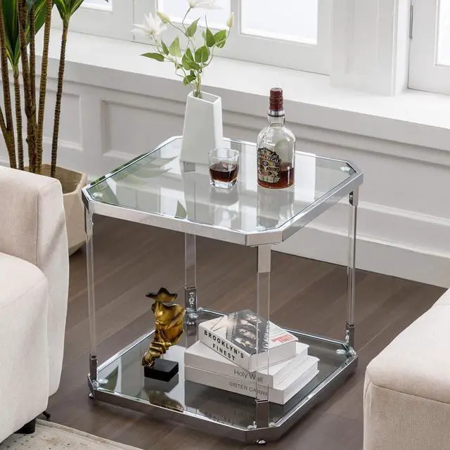 Alt view image 7 of 7 - Glass Top Side Table - Silver Square Glass Top End Table Clear Acrylic Nightstand for Living Room Bedside Bedroom