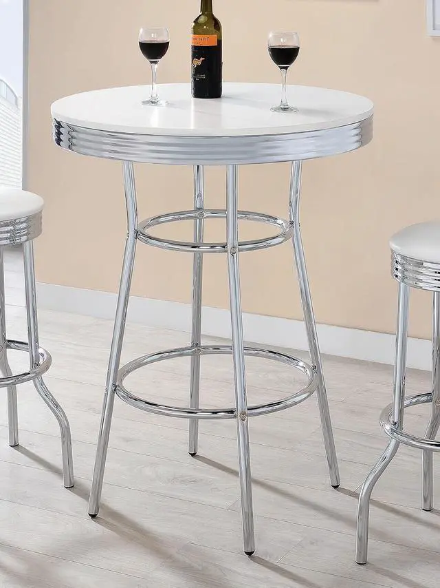 Alt view image 2 of 5 - Coaster Home Furnishings Retro 1950s Soda Fountain Diner Pub Height Game Room Bar Table White Laminate Top Sturdy Steel Chrome Base 2300