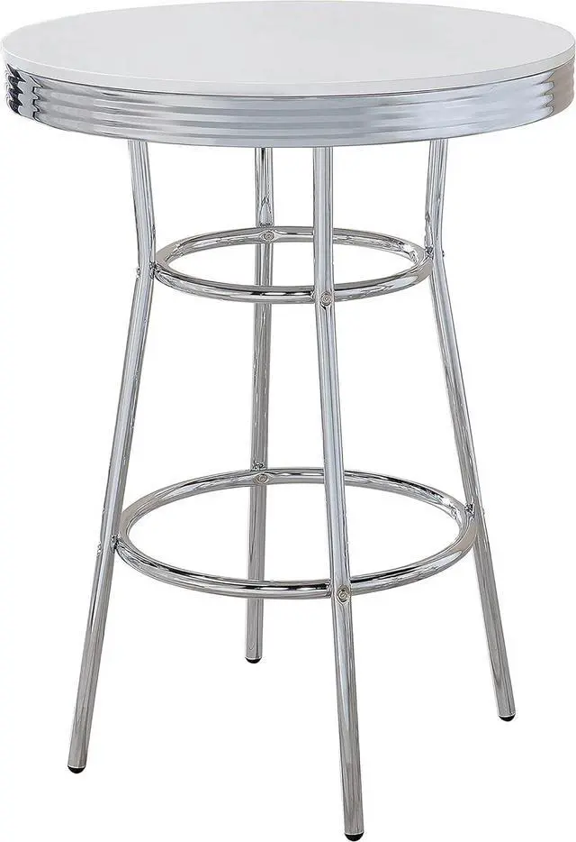 Alt view image 4 of 5 - Coaster Home Furnishings Retro 1950s Soda Fountain Diner Pub Height Game Room Bar Table White Laminate Top Sturdy Steel Chrome Base 2300