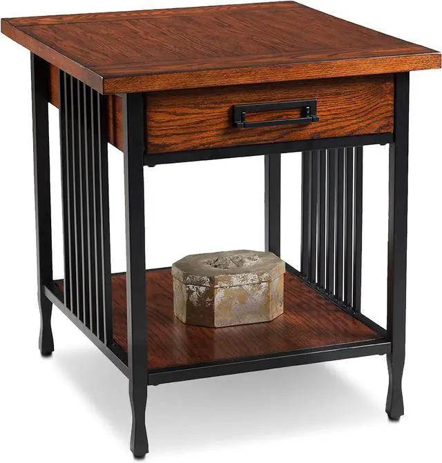 Main image of Ironcraft Rustic Solid Wood Side Table with Drawer and Shelf, Mission Oak Brown and Black, Perfect for Living Rooms, Bedrooms, and Offices  Leick Home, 11207