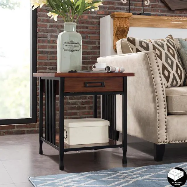 Alt view image 2 of 7 - Ironcraft Rustic Solid Wood Side Table with Drawer and Shelf, Mission Oak Brown and Black, Perfect for Living Rooms, Bedrooms, and Offices  Leick Home, 11207