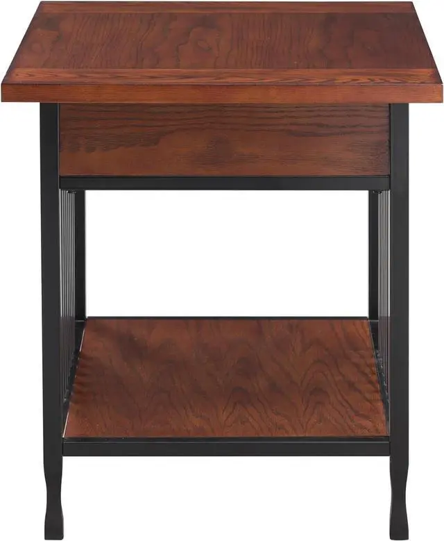 Alt view image 6 of 7 - Ironcraft Rustic Solid Wood Side Table with Drawer and Shelf, Mission Oak Brown and Black, Perfect for Living Rooms, Bedrooms, and Offices  Leick Home, 11207