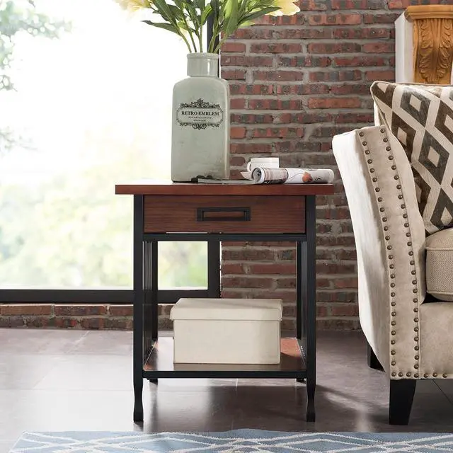 Alt view image 7 of 7 - Ironcraft Rustic Solid Wood Side Table with Drawer and Shelf, Mission Oak Brown and Black, Perfect for Living Rooms, Bedrooms, and Offices  Leick Home, 11207