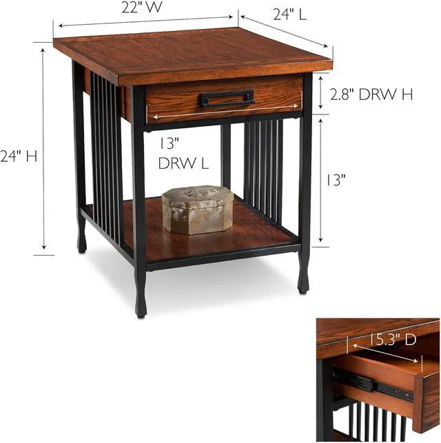 Alt view image 3 of 7 - Ironcraft Rustic Solid Wood Side Table with Drawer and Shelf, Mission Oak Brown and Black, Perfect for Living Rooms, Bedrooms, and Offices  Leick Home, 11207