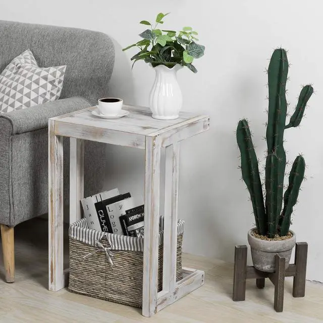 Alt view image 2 of 7 - MyGift Shabby Whitewashed Wood C Shaped Side Table End Table, Under The Couch TV Table for Living Room