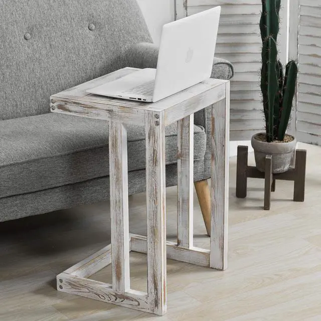 Alt view image 4 of 7 - MyGift Shabby Whitewashed Wood C Shaped Side Table End Table, Under The Couch TV Table for Living Room