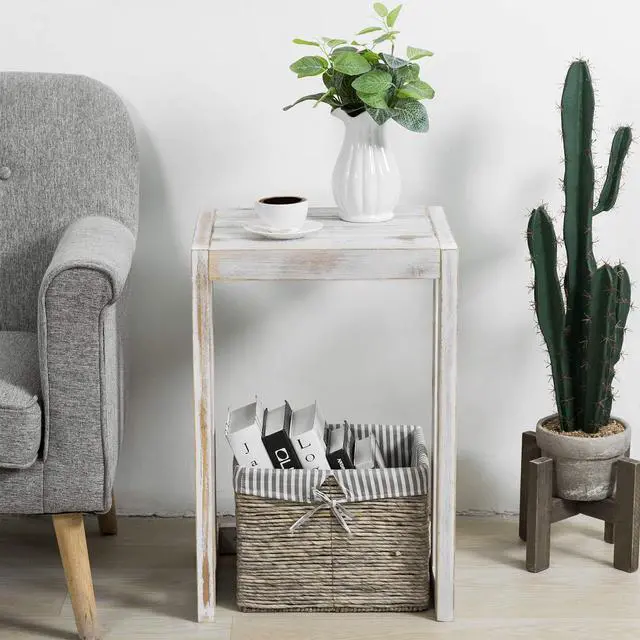 Alt view image 5 of 7 - MyGift Shabby Whitewashed Wood C Shaped Side Table End Table, Under The Couch TV Table for Living Room