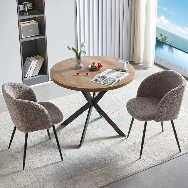 Main image of Dining Table Set for 2 with Chairs, 37" Engineered Wood Round Table Wipe Clean with 2 Fluffy Sherpa Arm Chairs, Modern Dinette Set with Metal Legs for Breakfast, Dining Room, Coffee Shop
