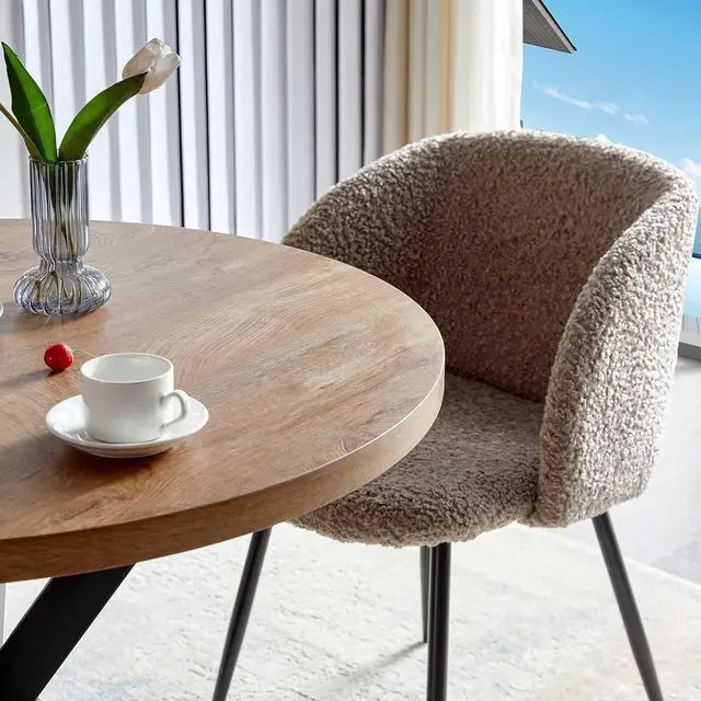Alt view image 2 of 7 - Dining Table Set for 2 with Chairs, 37" Engineered Wood Round Table Wipe Clean with 2 Fluffy Sherpa Arm Chairs, Modern Dinette Set with Metal Legs for Breakfast, Dining Room, Coffee Shop