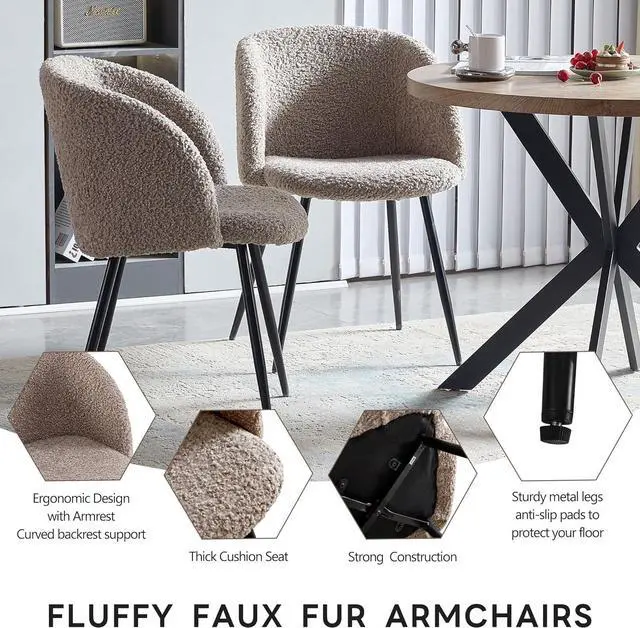 Alt view image 3 of 7 - Dining Table Set for 2 with Chairs, 37" Engineered Wood Round Table Wipe Clean with 2 Fluffy Sherpa Arm Chairs, Modern Dinette Set with Metal Legs for Breakfast, Dining Room, Coffee Shop