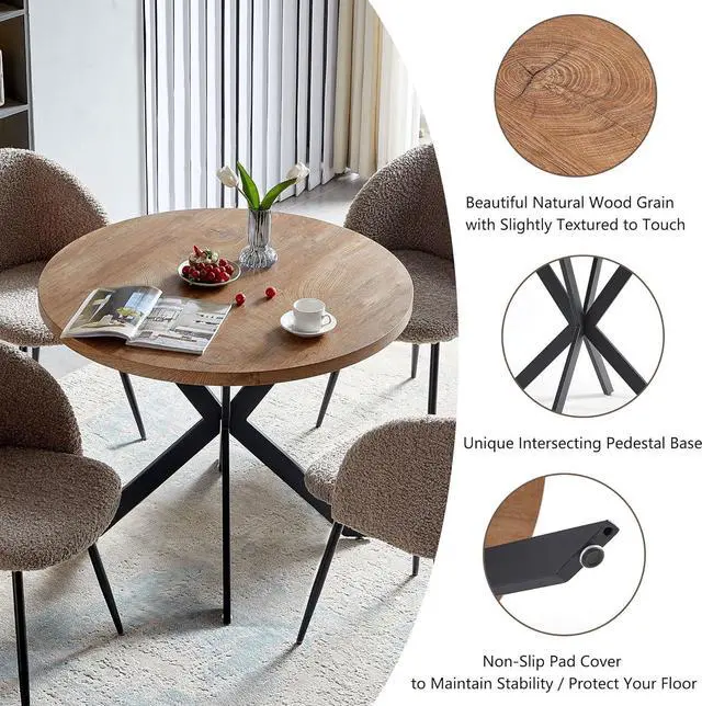 Alt view image 4 of 7 - Dining Table Set for 2 with Chairs, 37" Engineered Wood Round Table Wipe Clean with 2 Fluffy Sherpa Arm Chairs, Modern Dinette Set with Metal Legs for Breakfast, Dining Room, Coffee Shop
