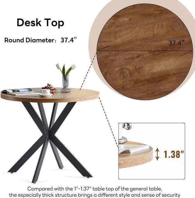Alt view image 5 of 7 - Dining Table Set for 2 with Chairs, 37" Engineered Wood Round Table Wipe Clean with 2 Fluffy Sherpa Arm Chairs, Modern Dinette Set with Metal Legs for Breakfast, Dining Room, Coffee Shop