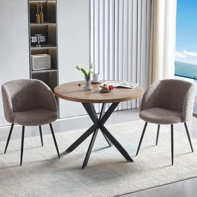 Alt view image 6 of 7 - Dining Table Set for 2 with Chairs, 37" Engineered Wood Round Table Wipe Clean with 2 Fluffy Sherpa Arm Chairs, Modern Dinette Set with Metal Legs for Breakfast, Dining Room, Coffee Shop
