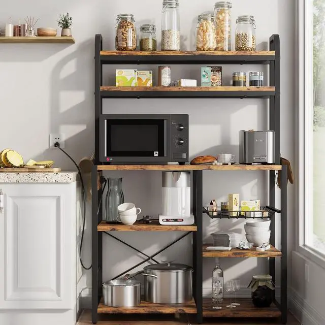 Main image of Bakers Rack with Power Outlet, Coffee Bar with Wire Drawer, Microwave Stand, Kitchen Buffet Table with Large Storage, 6-Tier Kitchen Storage Rack with Hutch for Dining, Living Room
