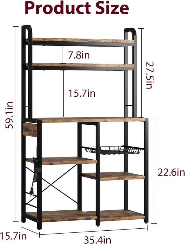 Alt view image 2 of 7 - Bakers Rack with Power Outlet, Coffee Bar with Wire Drawer, Microwave Stand, Kitchen Buffet Table with Large Storage, 6-Tier Kitchen Storage Rack with Hutch for Dining, Living Room