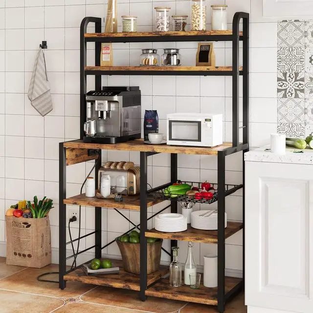 Alt view image 3 of 7 - Bakers Rack with Power Outlet, Coffee Bar with Wire Drawer, Microwave Stand, Kitchen Buffet Table with Large Storage, 6-Tier Kitchen Storage Rack with Hutch for Dining, Living Room