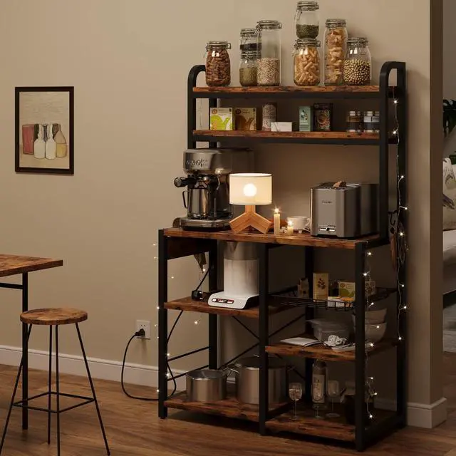 Alt view image 4 of 7 - Bakers Rack with Power Outlet, Coffee Bar with Wire Drawer, Microwave Stand, Kitchen Buffet Table with Large Storage, 6-Tier Kitchen Storage Rack with Hutch for Dining, Living Room