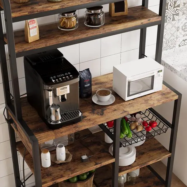Alt view image 6 of 7 - Bakers Rack with Power Outlet, Coffee Bar with Wire Drawer, Microwave Stand, Kitchen Buffet Table with Large Storage, 6-Tier Kitchen Storage Rack with Hutch for Dining, Living Room