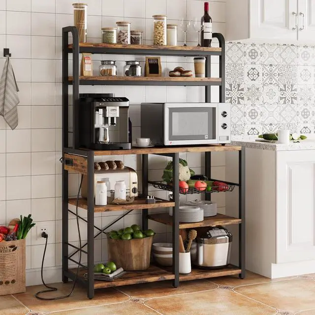 Alt view image 7 of 7 - Bakers Rack with Power Outlet, Coffee Bar with Wire Drawer, Microwave Stand, Kitchen Buffet Table with Large Storage, 6-Tier Kitchen Storage Rack with Hutch for Dining, Living Room