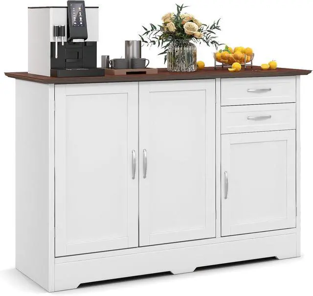 A kitchen cabinet with a dark wood top and white doors and drawers.