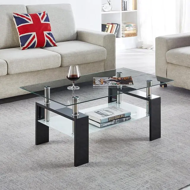 Main image of Glass Coffee Table,Rectangle Coffee Table for Living Room Modern Side Coffee Table with Lower Shelf,Metal Leg,Black
