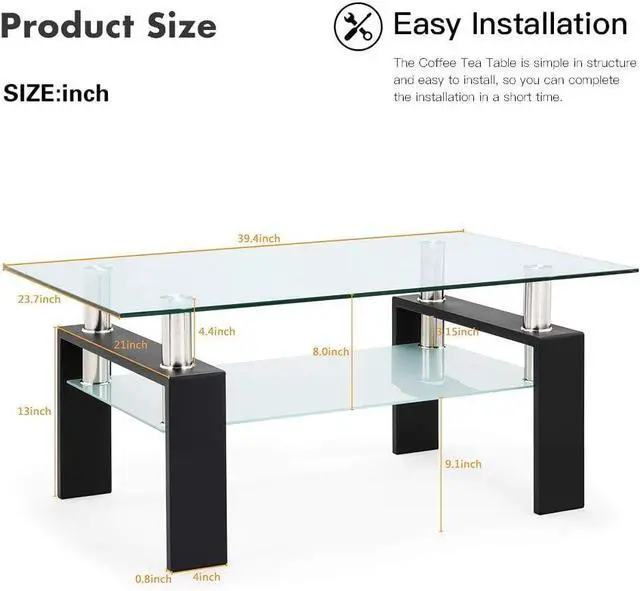 Alt view image 2 of 7 - Glass Coffee Table,Rectangle Coffee Table for Living Room Modern Side Coffee Table with Lower Shelf,Metal Leg,Black