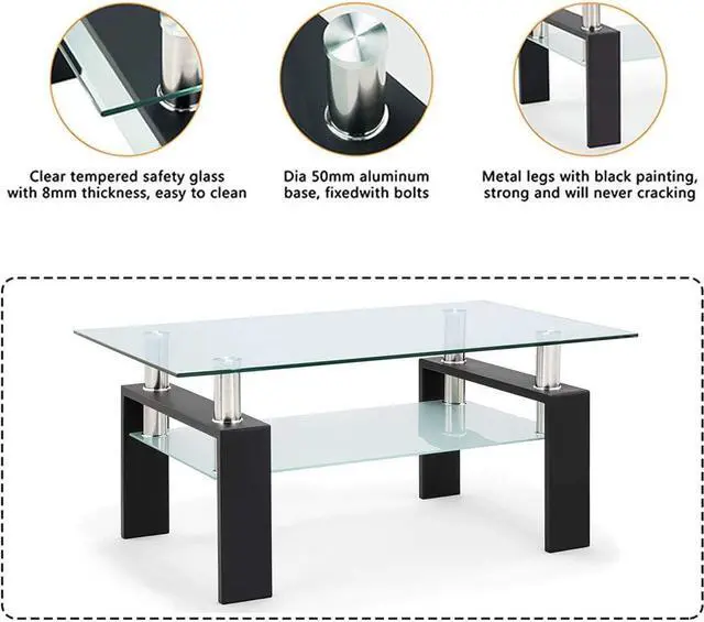 Alt view image 3 of 7 - Glass Coffee Table,Rectangle Coffee Table for Living Room Modern Side Coffee Table with Lower Shelf,Metal Leg,Black