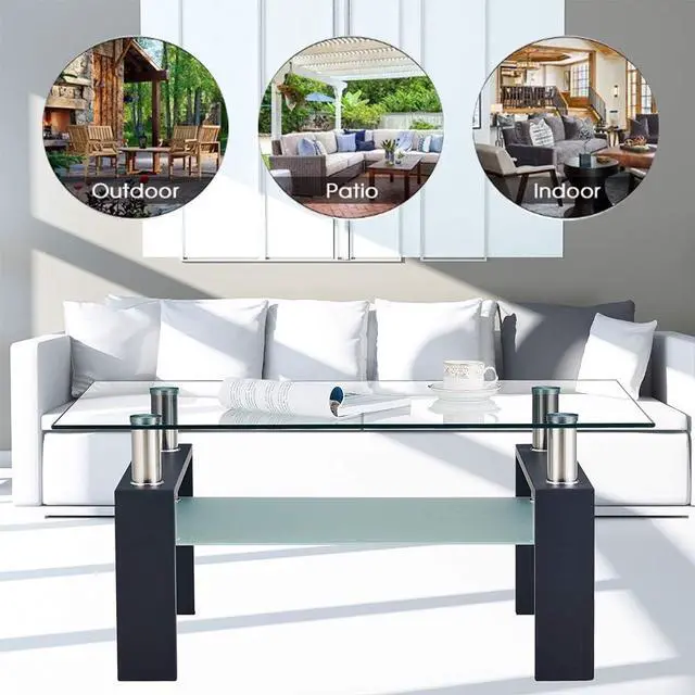 Alt view image 6 of 7 - Glass Coffee Table,Rectangle Coffee Table for Living Room Modern Side Coffee Table with Lower Shelf,Metal Leg,Black