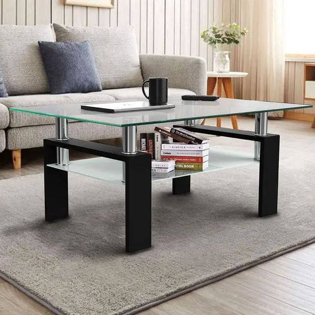 Alt view image 7 of 7 - Glass Coffee Table,Rectangle Coffee Table for Living Room Modern Side Coffee Table with Lower Shelf,Metal Leg,Black