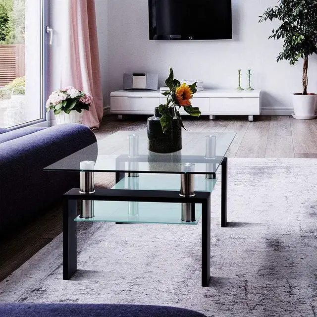 Alt view image 5 of 7 - Glass Coffee Table,Rectangle Coffee Table for Living Room Modern Side Coffee Table with Lower Shelf,Metal Leg,Black