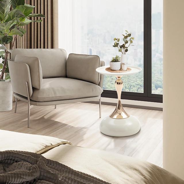 Alt view image 2 of 7 - White Pedestal Side Table for Small Spaces, Metal Round Unique End Tables Living Room Modern Corner Accent Table, Martini Table Small Drink Table for Couch, Sofa, Recliner