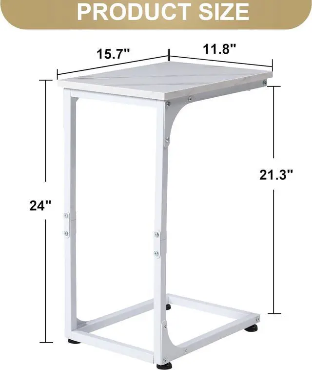 Alt view image 3 of 7 - C Shaped End Table, Side Table, for Couch, Bed, Chair, Living Room, Bedroom, Slides Under Sofa, Tray for Snack, Laptop, TV Dinner, Marble Color Top BT001C