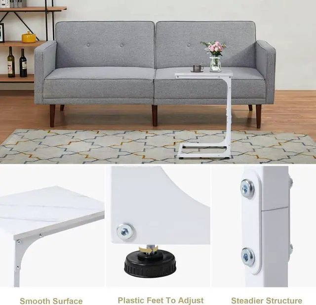 Alt view image 6 of 7 - C Shaped End Table, Side Table, for Couch, Bed, Chair, Living Room, Bedroom, Slides Under Sofa, Tray for Snack, Laptop, TV Dinner, Marble Color Top BT001C