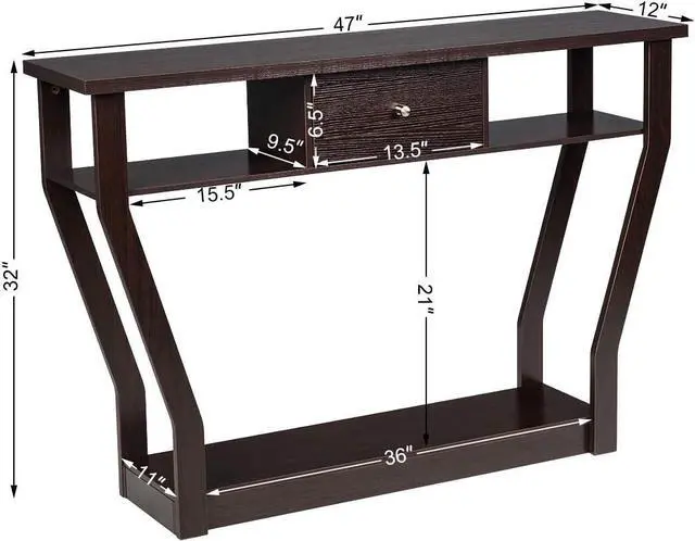 Alt view image 2 of 6 - 3 Tiers Console Table with Drawer, 47'' Wooden Accent Table with Open Storage Shelves, Easy Assembly, Narrow Sofa Side Table for Hallway Entryway Living Room (Coffee)