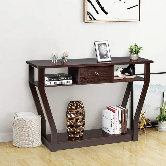 Alt view image 3 of 6 - 3 Tiers Console Table with Drawer, 47'' Wooden Accent Table with Open Storage Shelves, Easy Assembly, Narrow Sofa Side Table for Hallway Entryway Living Room (Coffee)