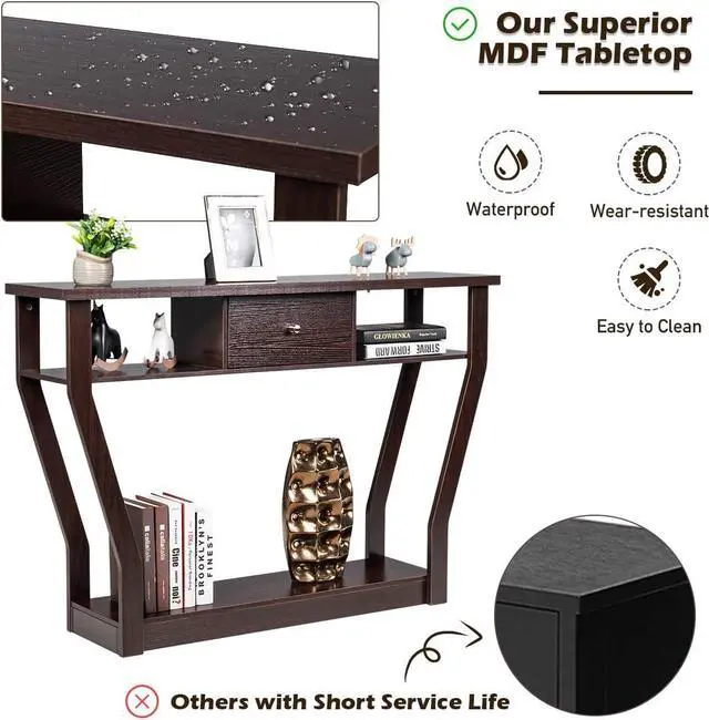 Alt view image 5 of 6 - 3 Tiers Console Table with Drawer, 47'' Wooden Accent Table with Open Storage Shelves, Easy Assembly, Narrow Sofa Side Table for Hallway Entryway Living Room (Coffee)