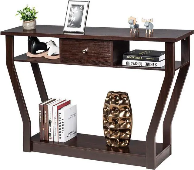 Alt view image 6 of 6 - 3 Tiers Console Table with Drawer, 47'' Wooden Accent Table with Open Storage Shelves, Easy Assembly, Narrow Sofa Side Table for Hallway Entryway Living Room (Coffee)