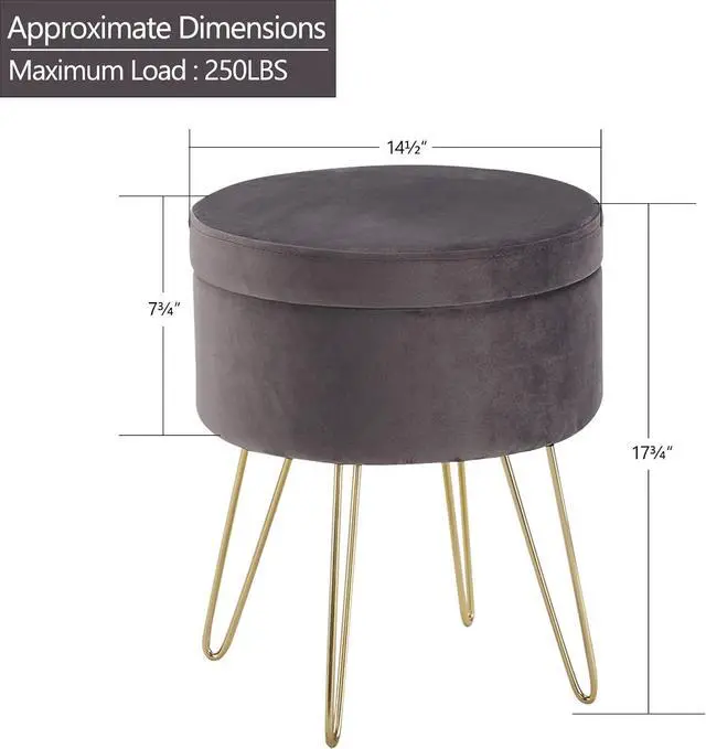 Alt view image 2 of 7 - DUHOME Velvet Storage Ottoman, Vanity Stool with Removable Cover Footrest Stool Round Vanity Chair Small Coffee Table for Bedroom Living Room Grey