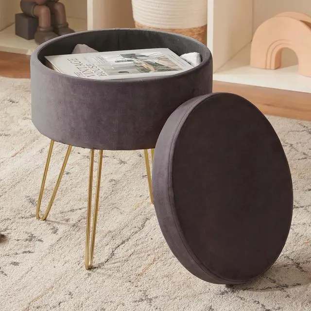Main image of DUHOME Velvet Storage Ottoman, Vanity Stool with Removable Cover Footrest Stool Round Vanity Chair Small Coffee Table for Bedroom Living Room Grey