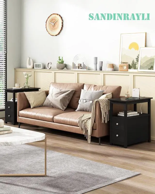 Alt view image 2 of 7 - Sandinrayli End Table with Charging Station, Side Table with 2 Drawer & USB Ports & Power Outlets, Nightstand for Small Spaces, Bedside Tables for Living Room Black