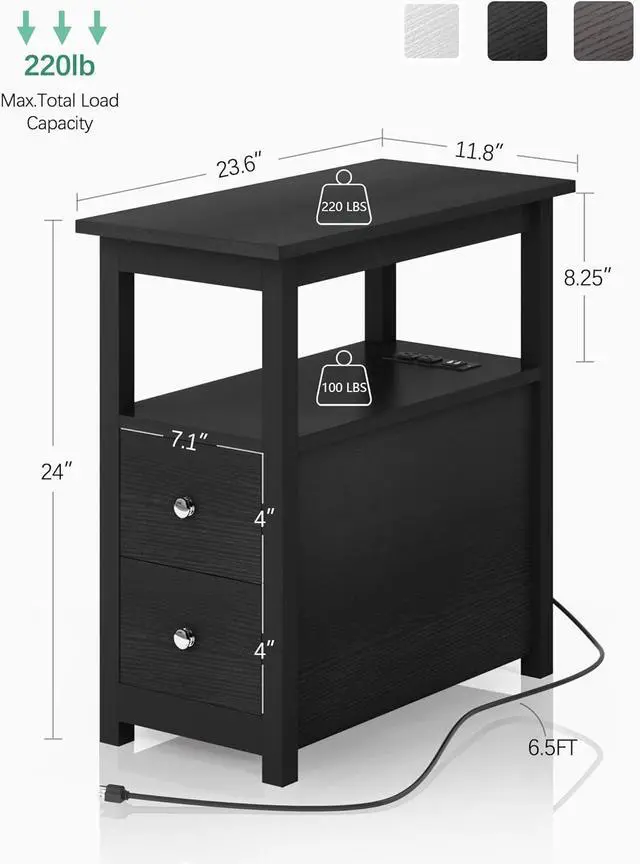 Alt view image 3 of 7 - Sandinrayli End Table with Charging Station, Side Table with 2 Drawer & USB Ports & Power Outlets, Nightstand for Small Spaces, Bedside Tables for Living Room Black