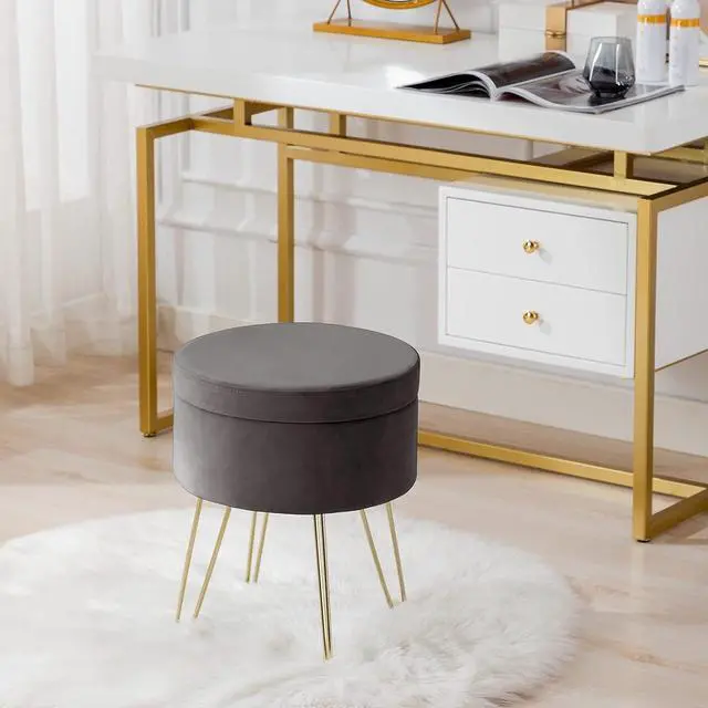 Alt view image 6 of 7 - DUHOME Velvet Storage Ottoman, Vanity Stool with Removable Cover Footrest Stool Round Vanity Chair Small Coffee Table for Bedroom Living Room Grey