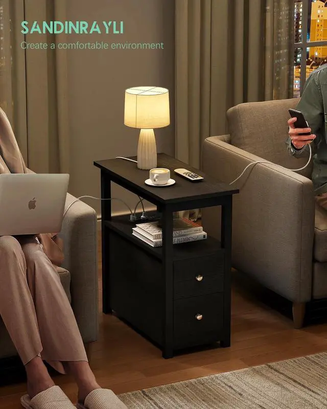 Alt view image 4 of 7 - Sandinrayli End Table with Charging Station, Side Table with 2 Drawer & USB Ports & Power Outlets, Nightstand for Small Spaces, Bedside Tables for Living Room Black