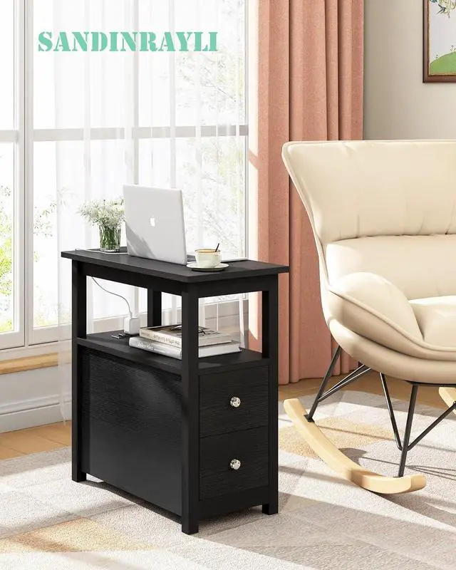Alt view image 6 of 7 - Sandinrayli End Table with Charging Station, Side Table with 2 Drawer & USB Ports & Power Outlets, Nightstand for Small Spaces, Bedside Tables for Living Room Black