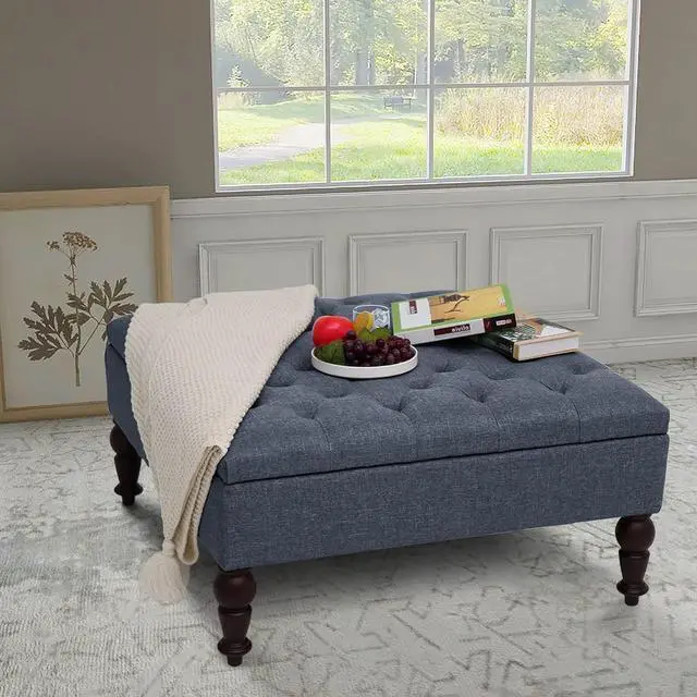 Main image of ABBLE Indoor 34'' Wide Tufted Square Storage Ottoman with Hinged Lid Space Saving Coffee Table Upholstered Storage Storage Cocktail Ottoman Seat for Living Room Bedroom Office Denim Blue