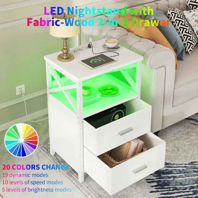 Alt view image 4 of 7 - LED Nightstand with Charging Station, Side Table with USB Ports and Outlets, End Table for Small Spaces, White Bedside Tables with Fabric-Wood 2-in-1 Drawer for Bedroom, Living Room, Office