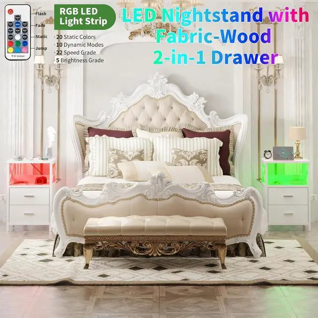 Alt view image 5 of 7 - LED Nightstand with Charging Station, Side Table with USB Ports and Outlets, End Table for Small Spaces, White Bedside Tables with Fabric-Wood 2-in-1 Drawer for Bedroom, Living Room, Office