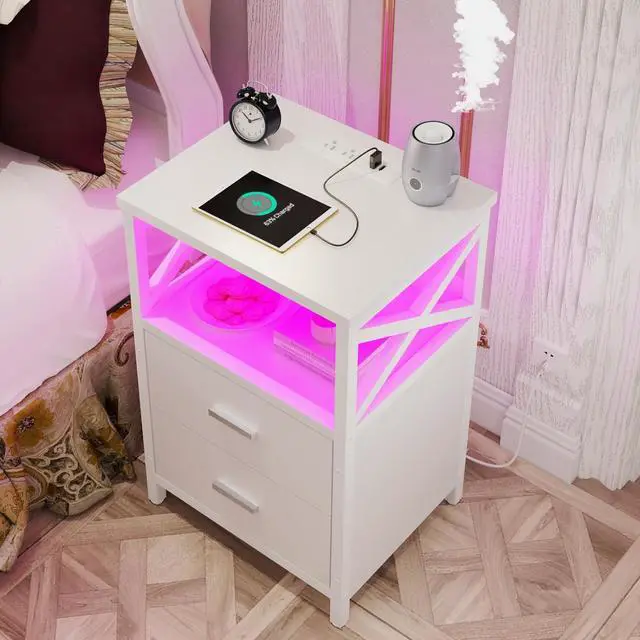 Alt view image 2 of 7 - LED Nightstand with Charging Station, Side Table with USB Ports and Outlets, End Table for Small Spaces, White Bedside Tables with Fabric-Wood 2-in-1 Drawer for Bedroom, Living Room, Office