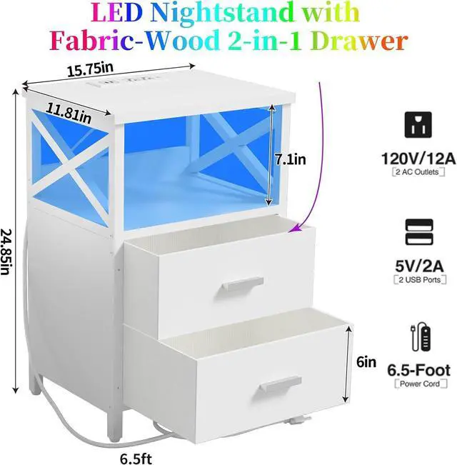 Alt view image 3 of 7 - LED Nightstand with Charging Station, Side Table with USB Ports and Outlets, End Table for Small Spaces, White Bedside Tables with Fabric-Wood 2-in-1 Drawer for Bedroom, Living Room, Office