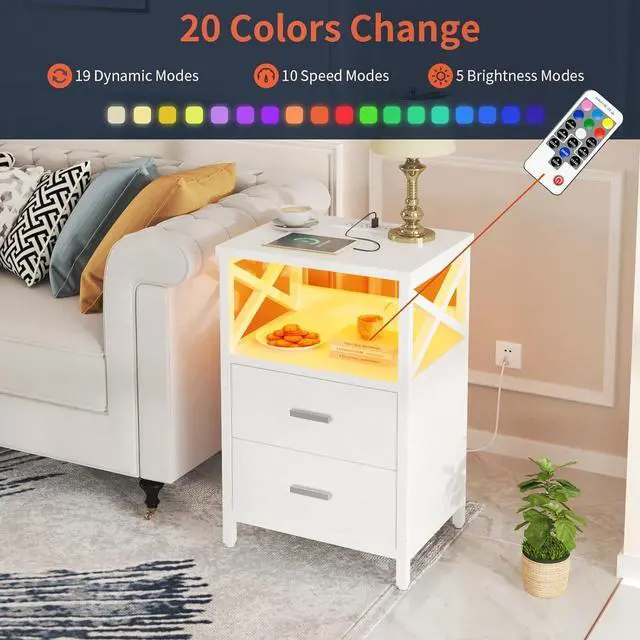 Alt view image 6 of 7 - LED Nightstand with Charging Station, Side Table with USB Ports and Outlets, End Table for Small Spaces, White Bedside Tables with Fabric-Wood 2-in-1 Drawer for Bedroom, Living Room, Office